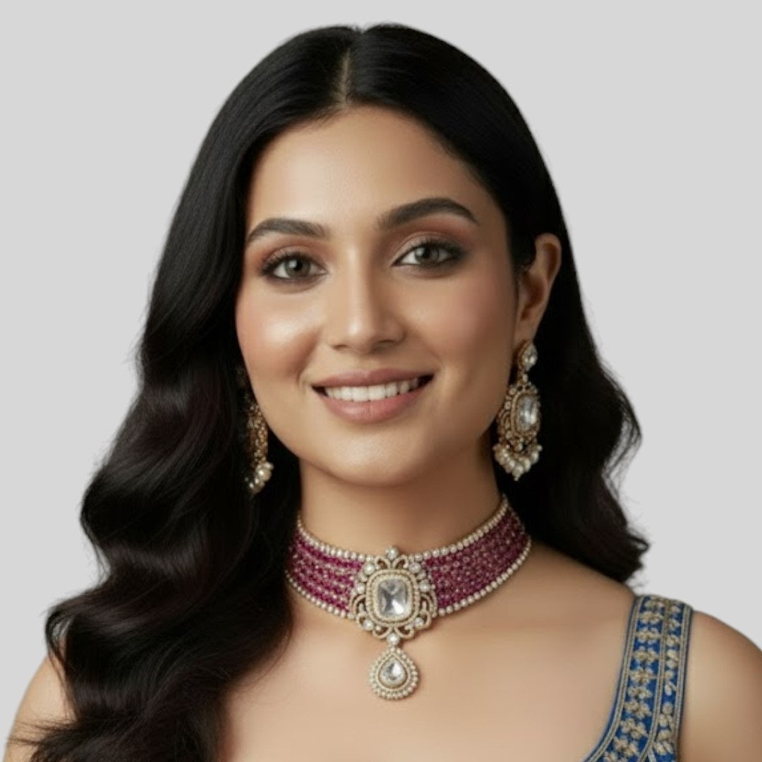 Royal Pink CZ Choker Necklace Set with Kundan-Style Earrings & Pearl Drops for Women