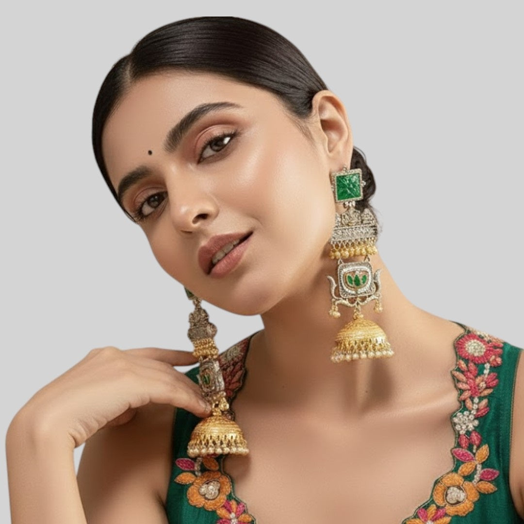 Temple-Inspired Dual Plated Long Jhumka Earrings with Green Stone & Pearl Beads