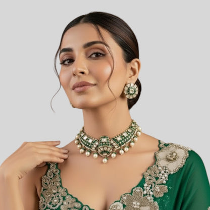 Classic Green Kundan Pearl Choker Necklace Set with Stud Earrings