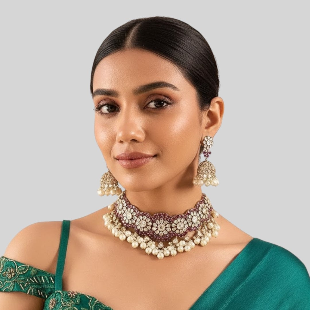 Stunning Maroon Kundan Choker Necklace Set with Jhumka Earrings