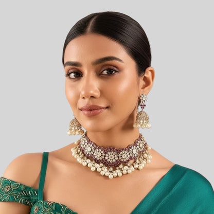 Stunning Maroon Kundan Choker Necklace Set with Jhumka Earrings