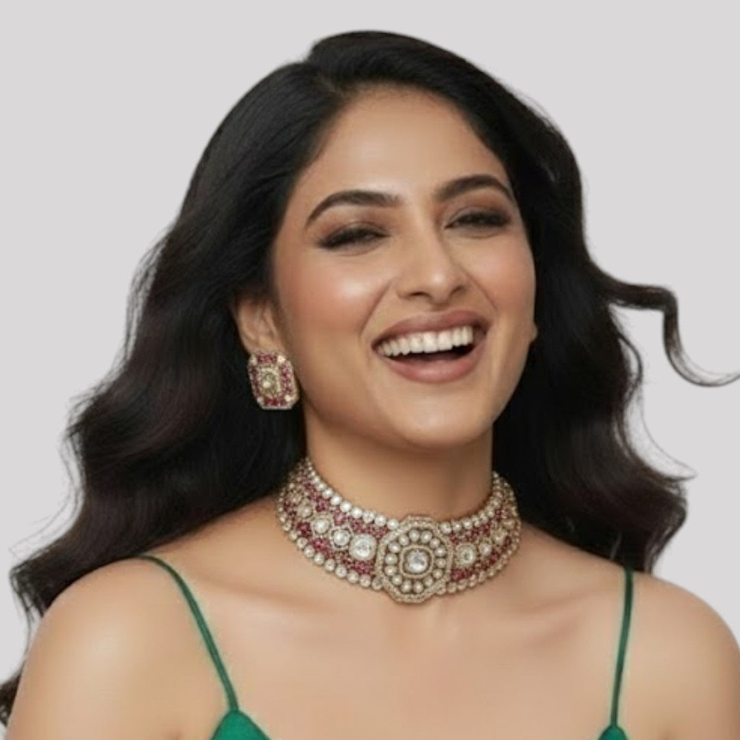 Gold-Plated Red Kundan & Pearl Choker Necklace Set with Stud Earrings