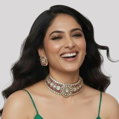 Gold-Plated Red Kundan & Pearl Choker Necklace Set with Stud Earrings