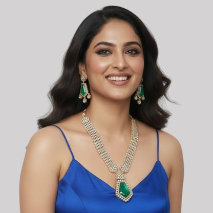 Emerald Green Kundan Long Pendant Necklace Set with Gold-Plated Drop Earrings