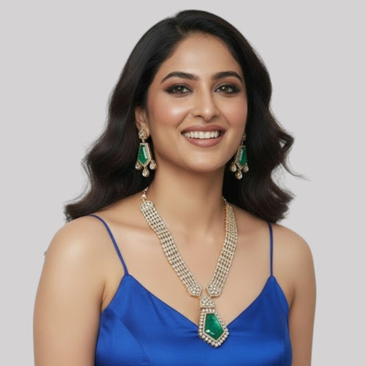 Emerald Green Kundan Long Pendant Necklace Set with Gold-Plated Drop Earrings