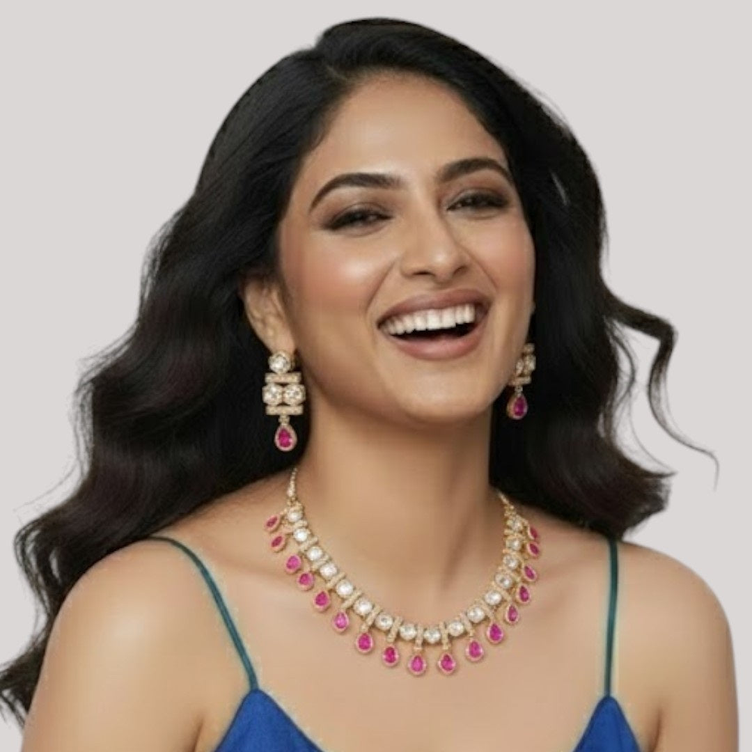 Gold-Plated Kundan Necklace Set with Ruby Pink Drop Stones &amp; Studded Earrings