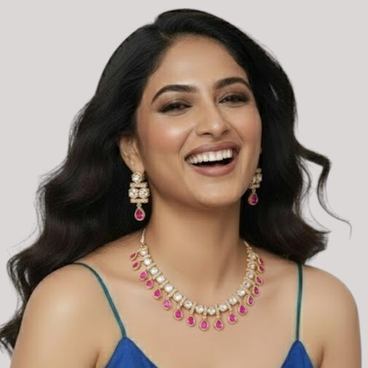 Gold-Plated Kundan Necklace Set with Ruby Pink Drop Stones &amp; Studded Earrings