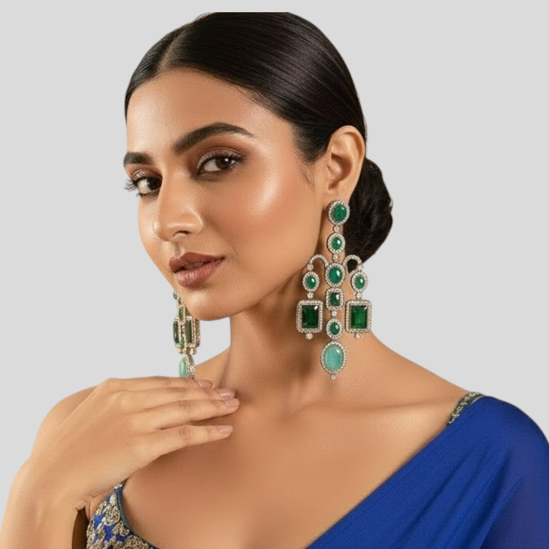 Vintage-Style Emerald Green Stone Statement Earrings with Diamond Accents