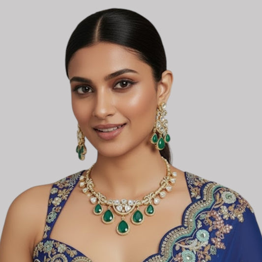 Gold-Plated Kundan Choker Necklace Set featuring Emerald Green Teardrops – Ethnic Bridal Jewelry
