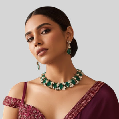 Gold Finish Kundan Polki & Deep Green Stone Choker Necklace Set