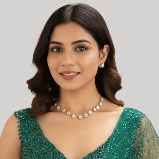 Minimalist Square Polki Necklace Set with Matching Stud Earrings