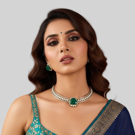 Sophisticated Emerald Green Hexagon Stone Choker Necklace with Teardrop CZ Accents