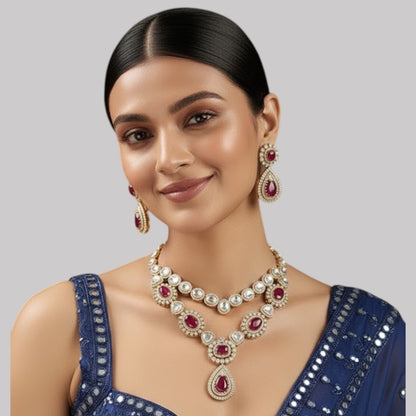 Regal Ruby Kundan Necklace Set – Dual-Layer Necklace with Earrings