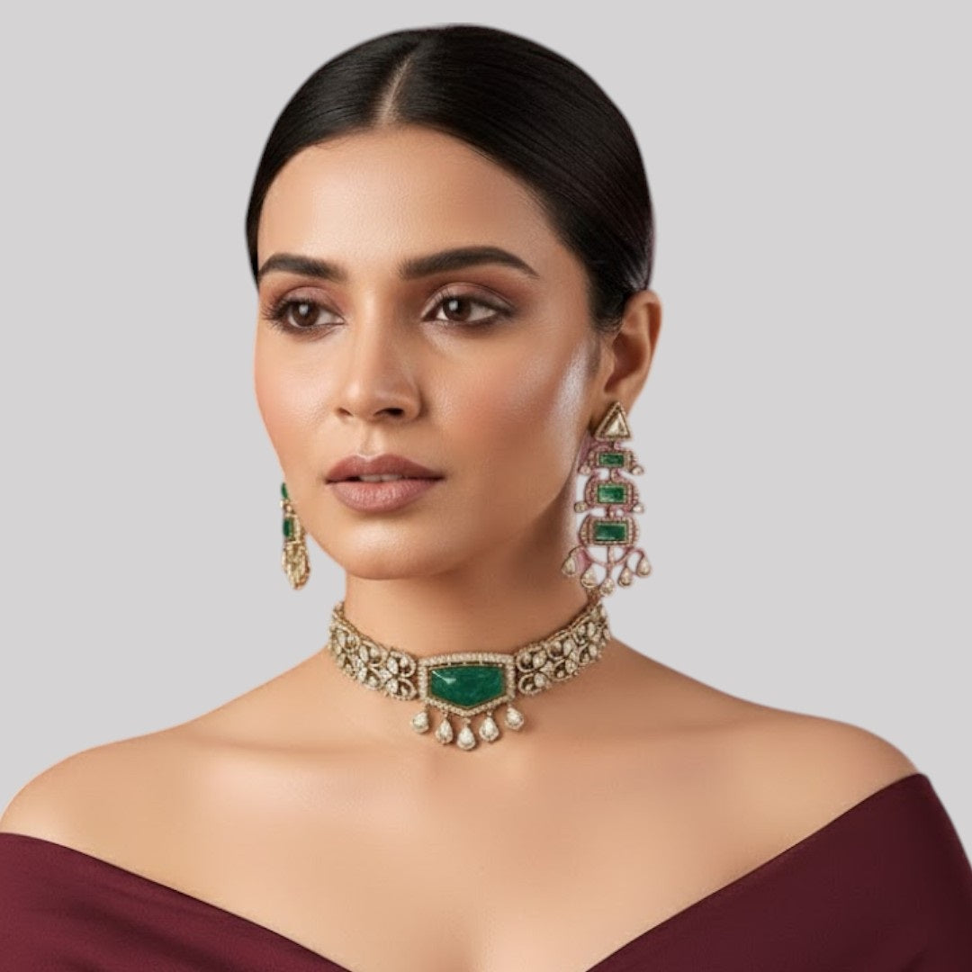 Statement Green Stone Kundan Choker Necklace Set with Long Dangler Earrings for Women