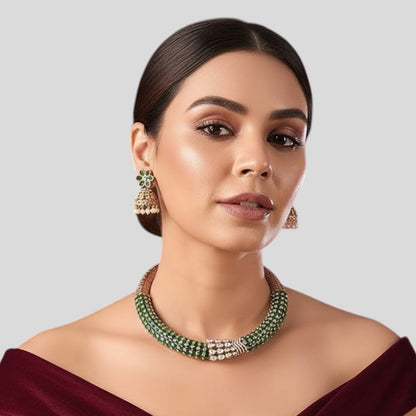 Emerald Green Beaded Choker Necklace Set with Gold-Plated Floral Jhumka Earrings