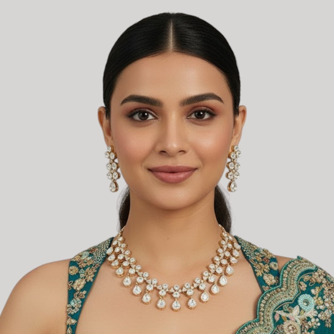 Stunning Crystal Drop Choker Necklace Set and Paired Stud Earrings