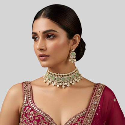 Pastel Green Kundan Pearl Choker Necklace Set with Earrings