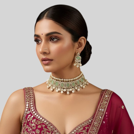 Pastel Green Kundan Pearl Choker Necklace Set with Earrings