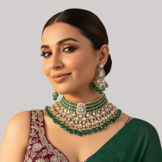 Regal Green and Pearl Choker Necklace with Earrings Set Matching