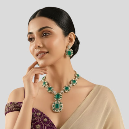 Emerald Green Kundan Necklace Set with Bold Statement Earrings