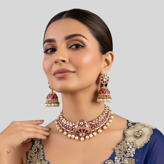 Ruby Dome Motif Choker Set with Pearl Drops