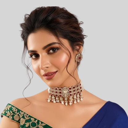 Royal Ruby Red Kundan Pearl Choker Necklace Set