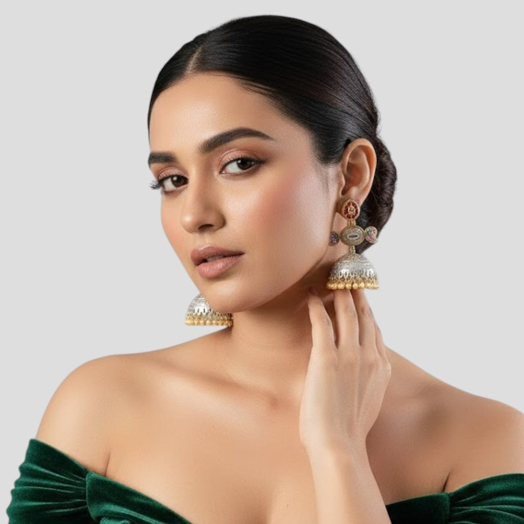 Dual-Tone Oxidized Jhumka Earrings with Colorful Enamel & Golden Beads