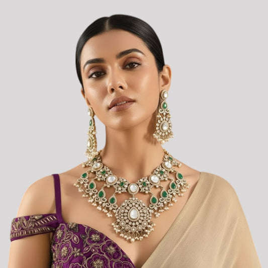 Regal Kundan &amp; Emerald Bridal Necklace Set with Earrings
