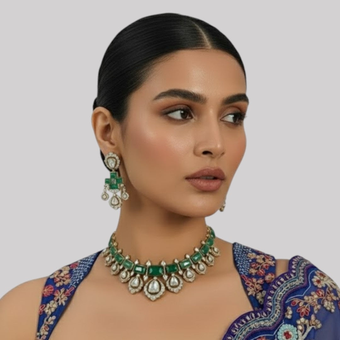 Royal Green Kundan Choker Necklace Set with Earrings for Women