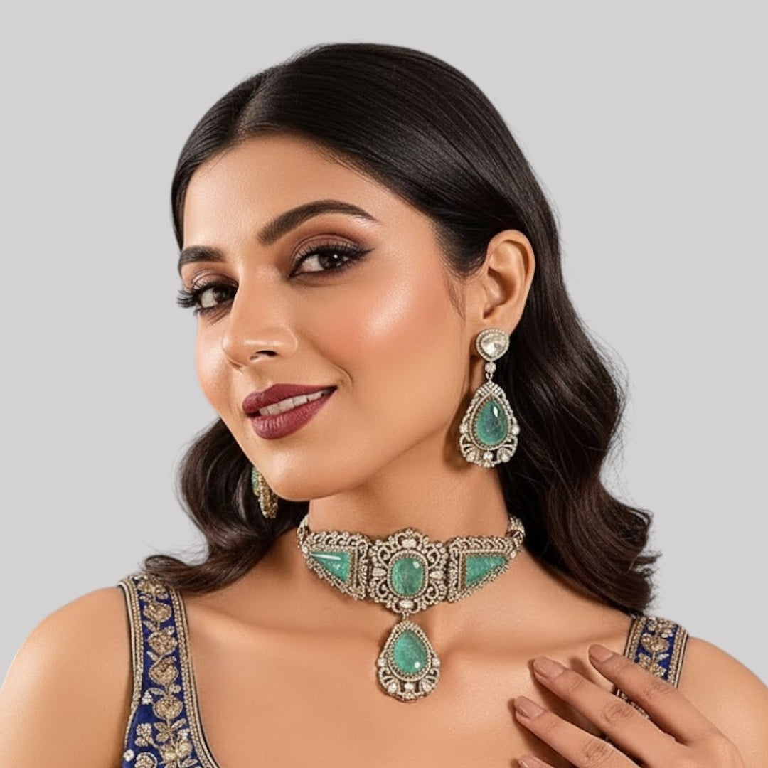 Vintage-Inspired Mint Green Stone Choker Necklace Set with Antique Gold Finish