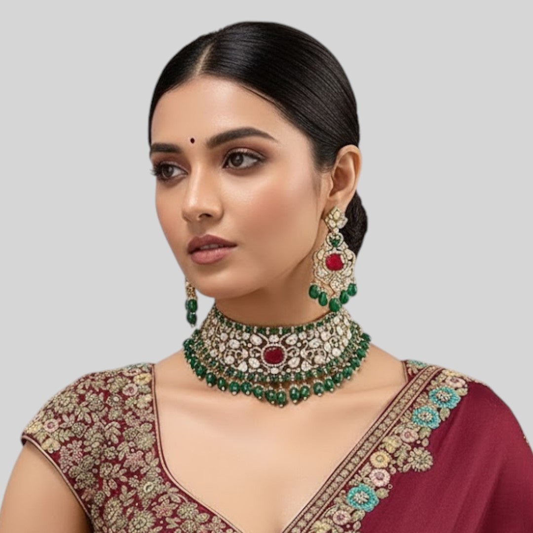 Traditional Green & Red Kundan Choker Necklace Set for Women