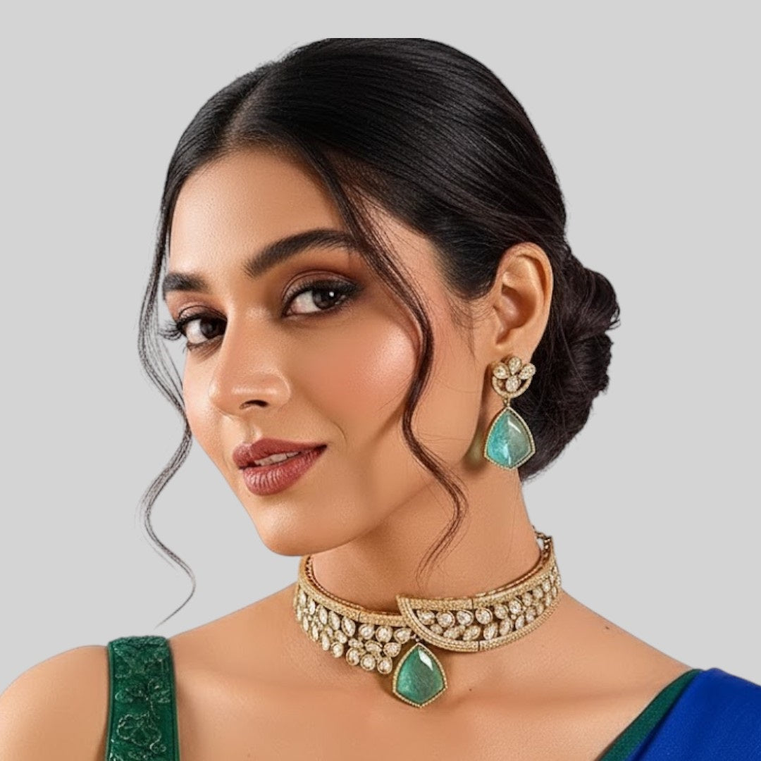 Green stone necklace set, Bridal fashion jewelry