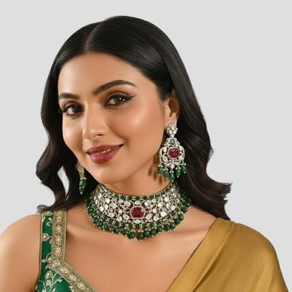 Green Beaded Kundan Polki Choker Set