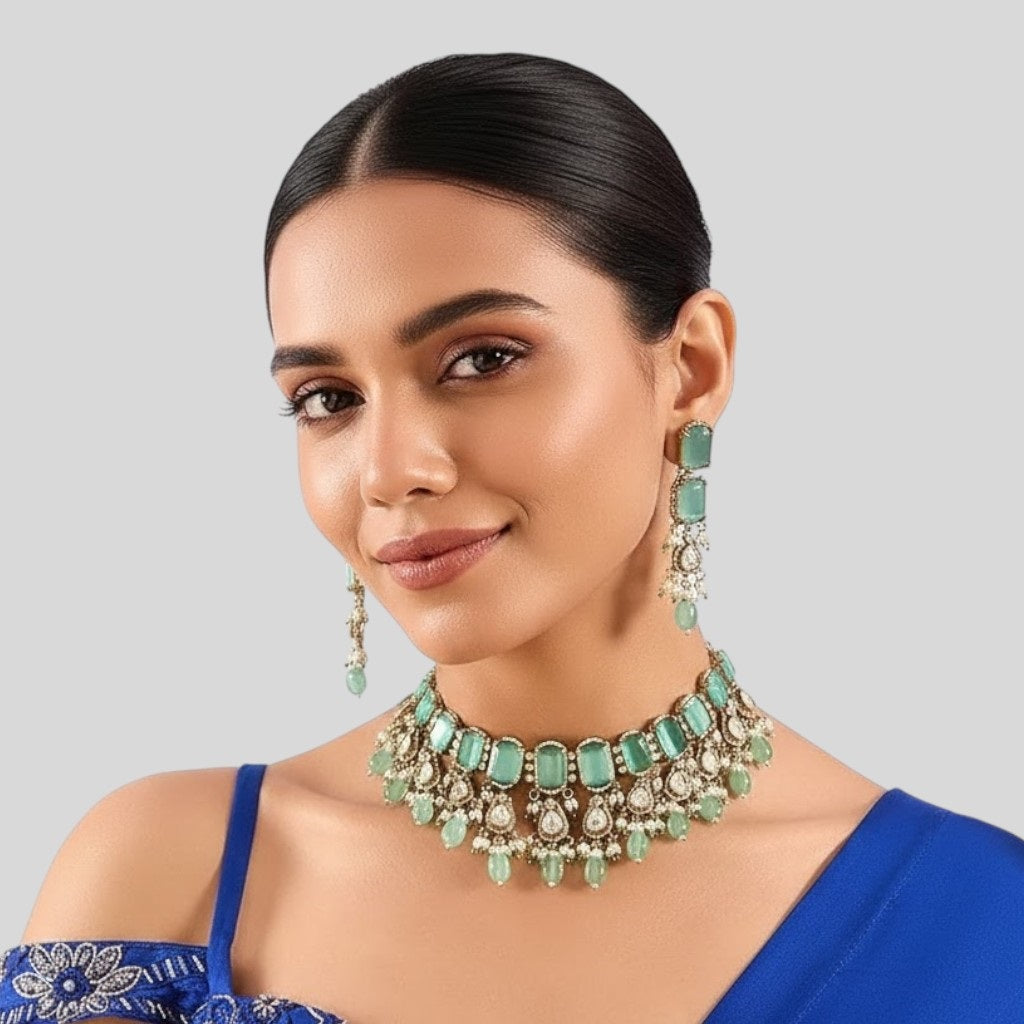 Mint Green Kundan Choker Necklace Set with Dangling Beads and Matching Earrings - Auraa Trends