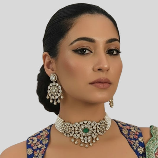 Pearl Beaded Kundan Choker Necklace Set with Earrings