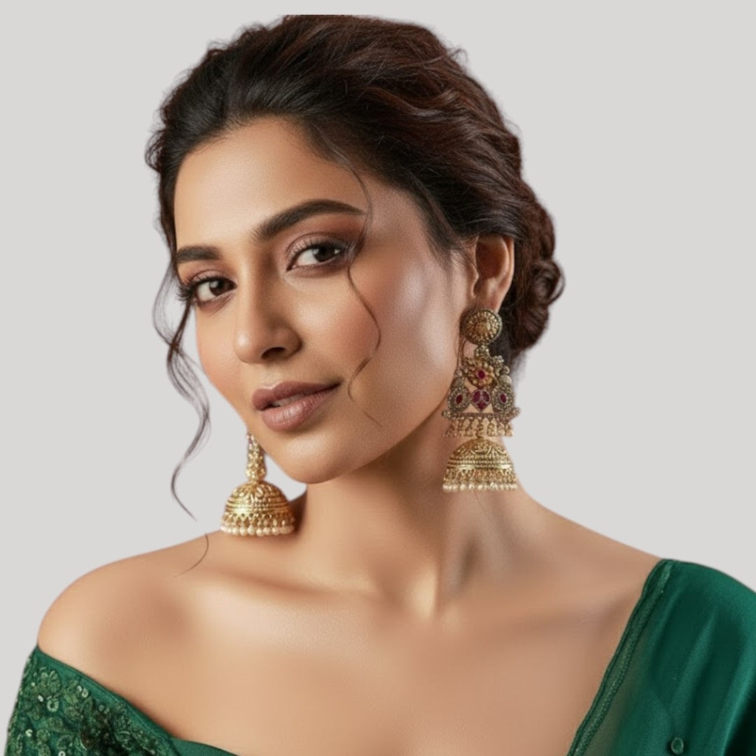 Handcrafted Dual-Tone Temple Jhumka Earrings with Pearls & Pink Stones