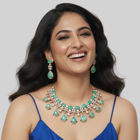 Mint Green Stone & Pearl Embellished Designer Choker Necklace Set with Drop Earrings for Women