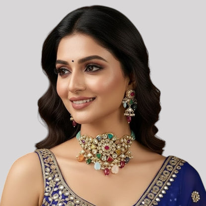Multicolor Kundan Choker Necklace Set with Beaded Drops & Earrings