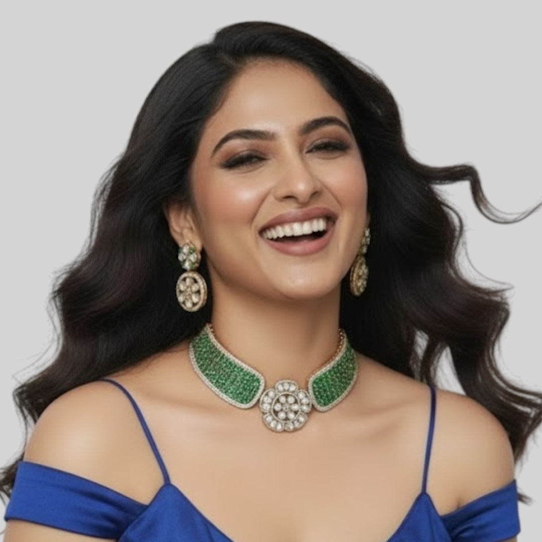 Gold-Plated Green Beaded Kundan Floral Choker Necklace Set with Earrings