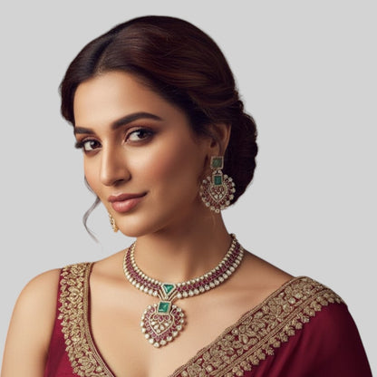 Emerald and Ruby Kundan Heart Pendant Choker Set