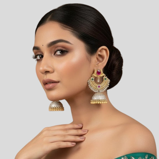 Traditional Dual-Tone Temple Jhumka Earrings with Pearl Detailing