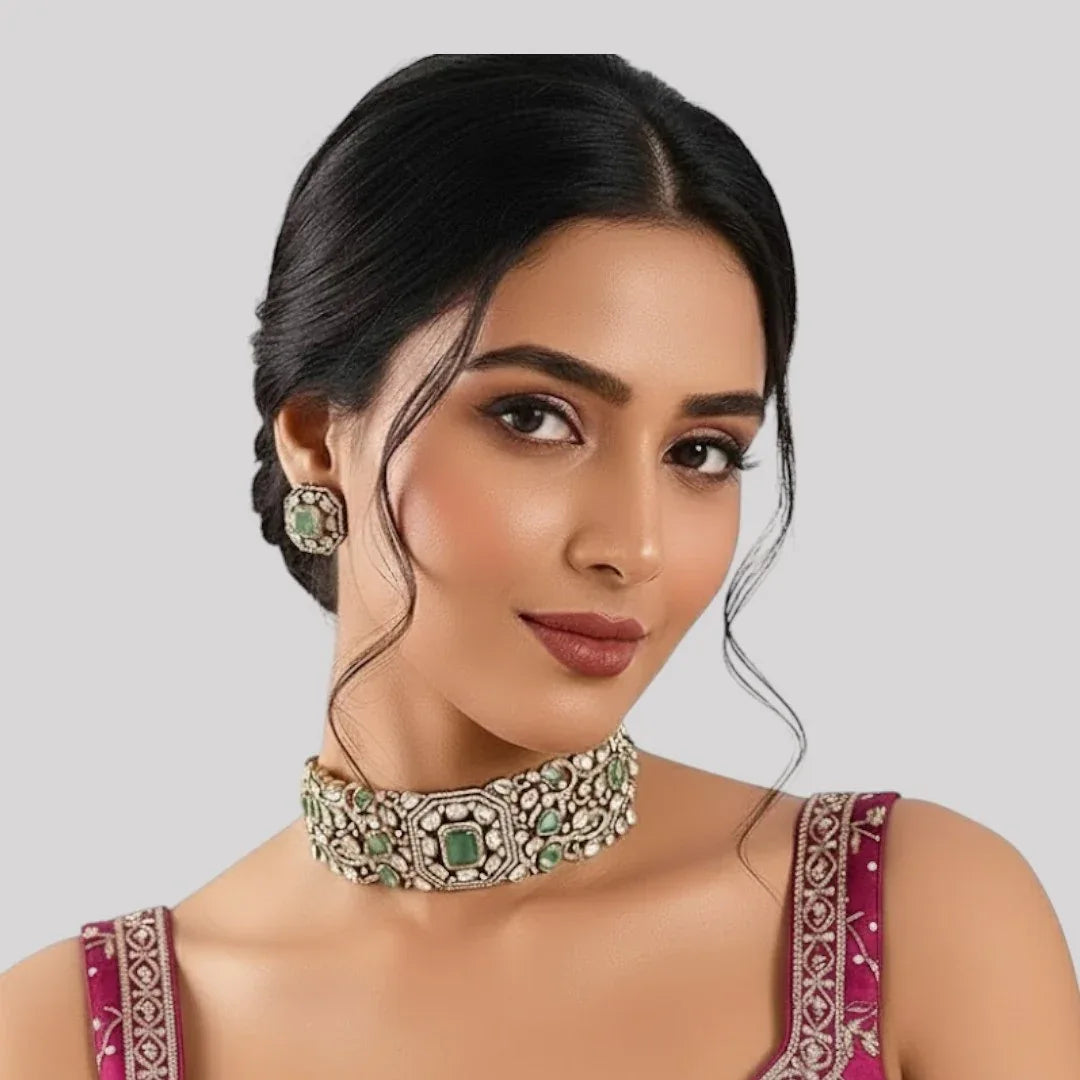 Emerald Green Kundan Choker Set with Statement Stud Earrings - Auraa Trends
