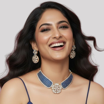 Gold-Plated Blue Stone Encrusted Choker Necklace Set with Floral Earrings