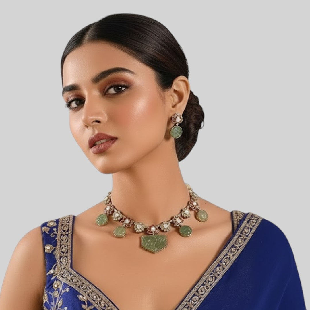Lotus Motif Carved Green Stone Necklace Set with Earrings | Ethnic & Festive Jewelry