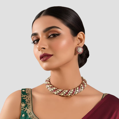 Gold Finish Kundan Polki & Ruby Red Stone Choker Necklace Set