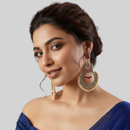 Oxidised Silver-Plated Pearl & Kundan Chandbali Earrings for Women