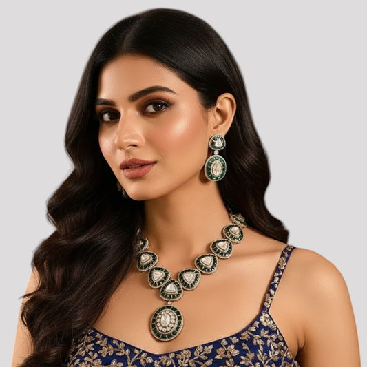 Royal Green Enamel Kundan Necklace Set with Round Pendant Earrings