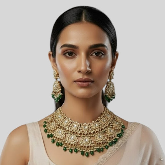 Luxury Kundan Choker Necklace Set with Grey Beads & Statement Earrings