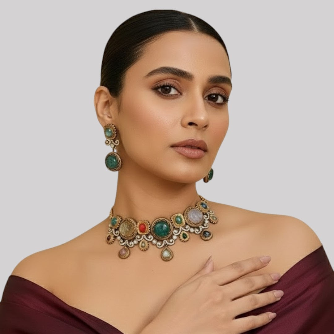 Multicolor Gemstone Statement Necklace Set with Earrings