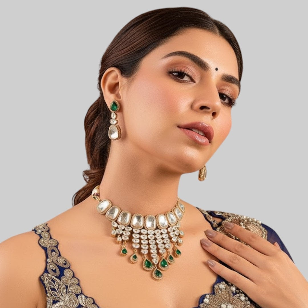Royal Kundan and Emerald Green Pearl Choker Necklace Set with Matching Earrings